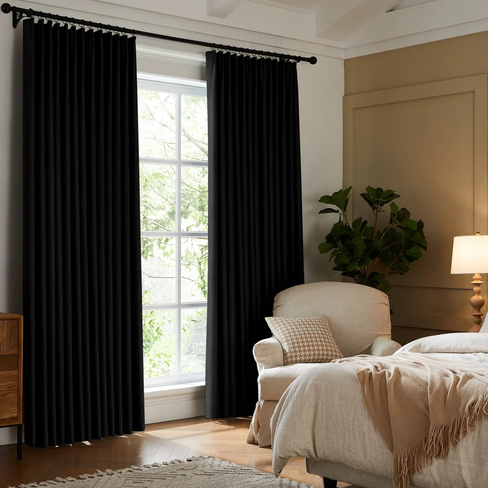 Noctura flame retardant blackout curtains Stillness Black two-panel set with silver grommet rings