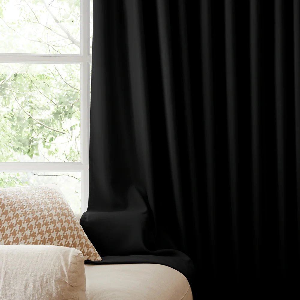 BGment Noctura flame retardant blackout grommet-top curtains in Stillness Black, two panels per set