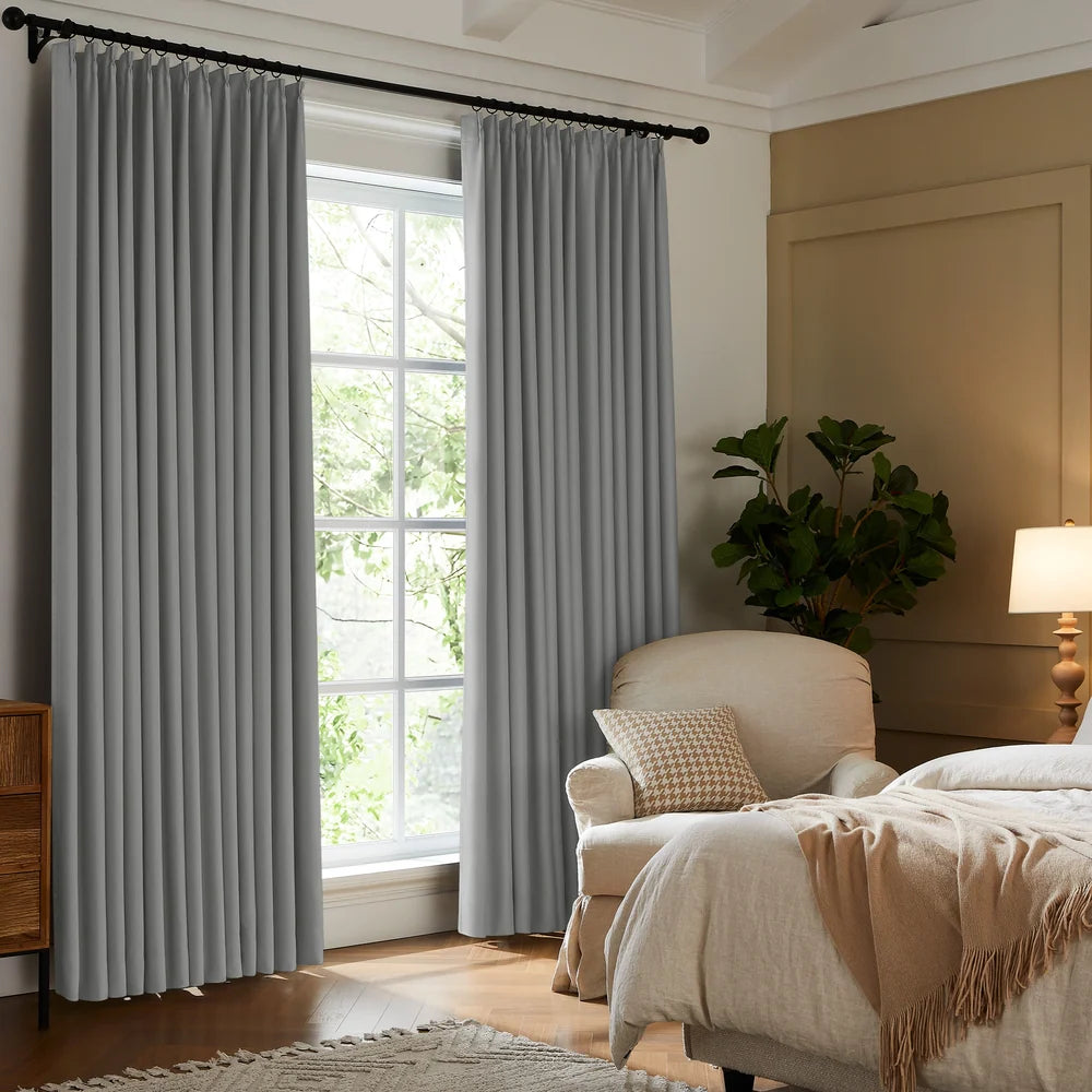 BGment Noctura flame retardant blackout curtains 52 x 96 pinch pleat panels stacked for liquidation