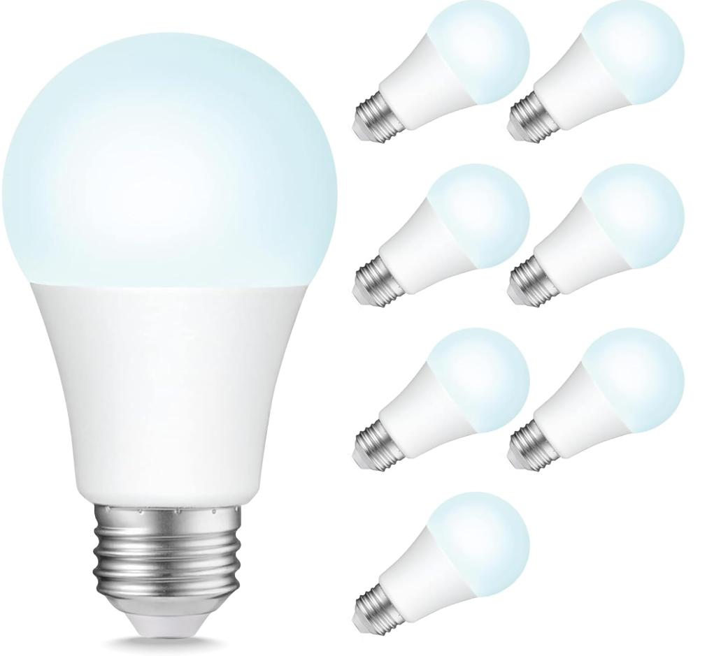 Sigalux A19 100W equivalent daylight 5000K 8-pack LED bulbs packaged on pallet