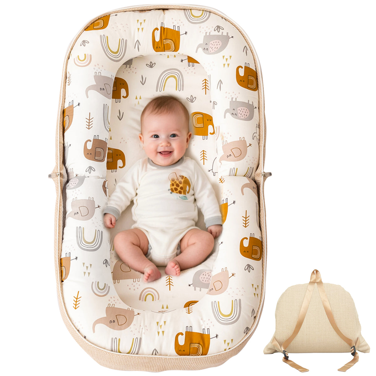 GloTika Baby Lounger, Foldable Infant Nest Pillow with Soft Memory Foam Mat, Cover with Adorable Pattern, Converts to Backpack for Easy Travel, 0-12 Months image 2