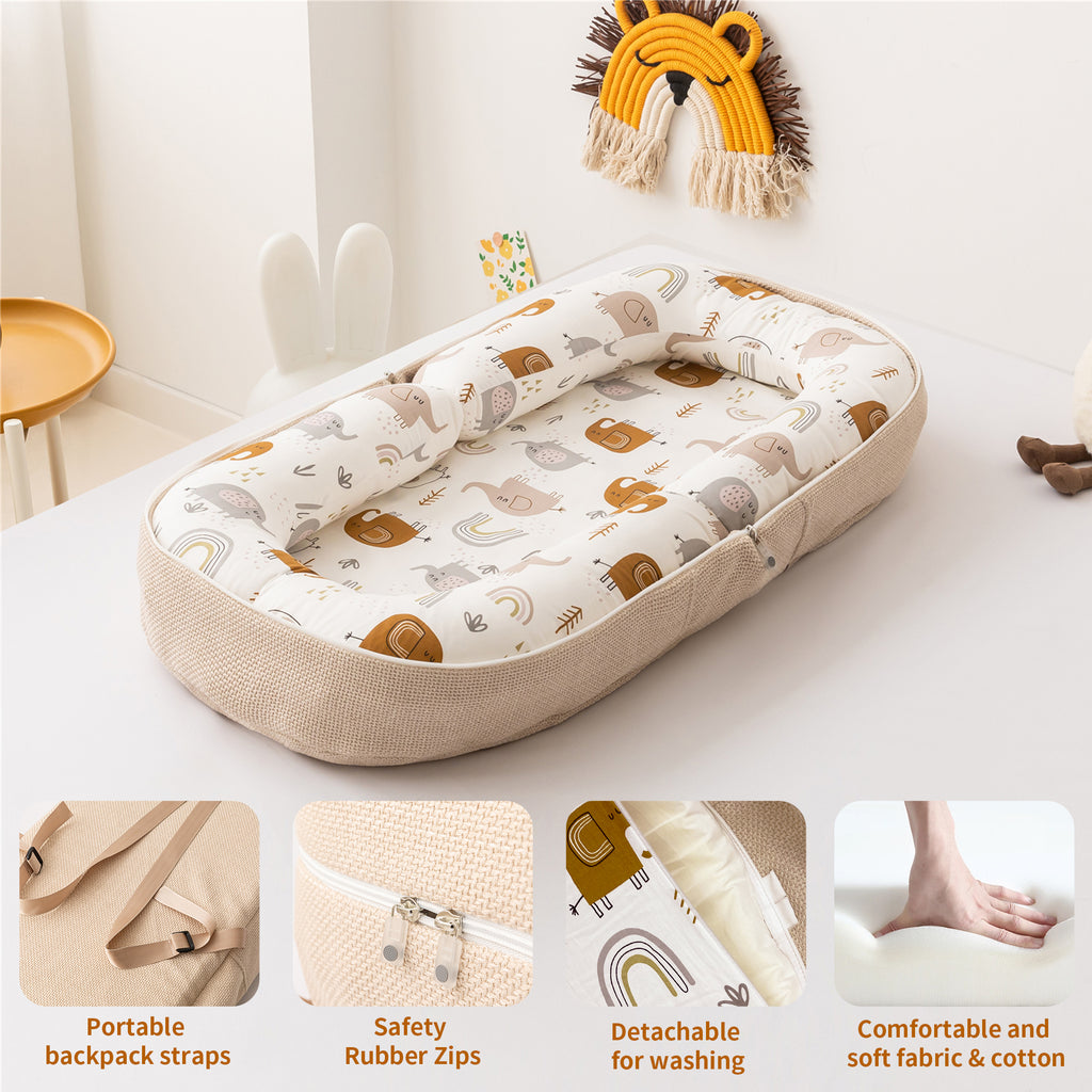 GloTika Baby Lounger, Foldable Infant Nest Pillow with Soft Memory Foam Mat, Cover with Adorable Pattern, Converts to Backpack for Easy Travel, 0-12 Months image 6