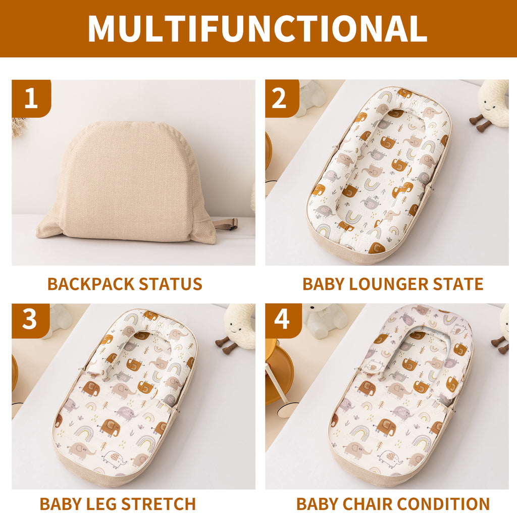 GloTika Baby Lounger, Foldable Infant Nest Pillow with Soft Memory Foam Mat, Cover with Adorable Pattern, Converts to Backpack for Easy Travel, 0-12 Months image 7