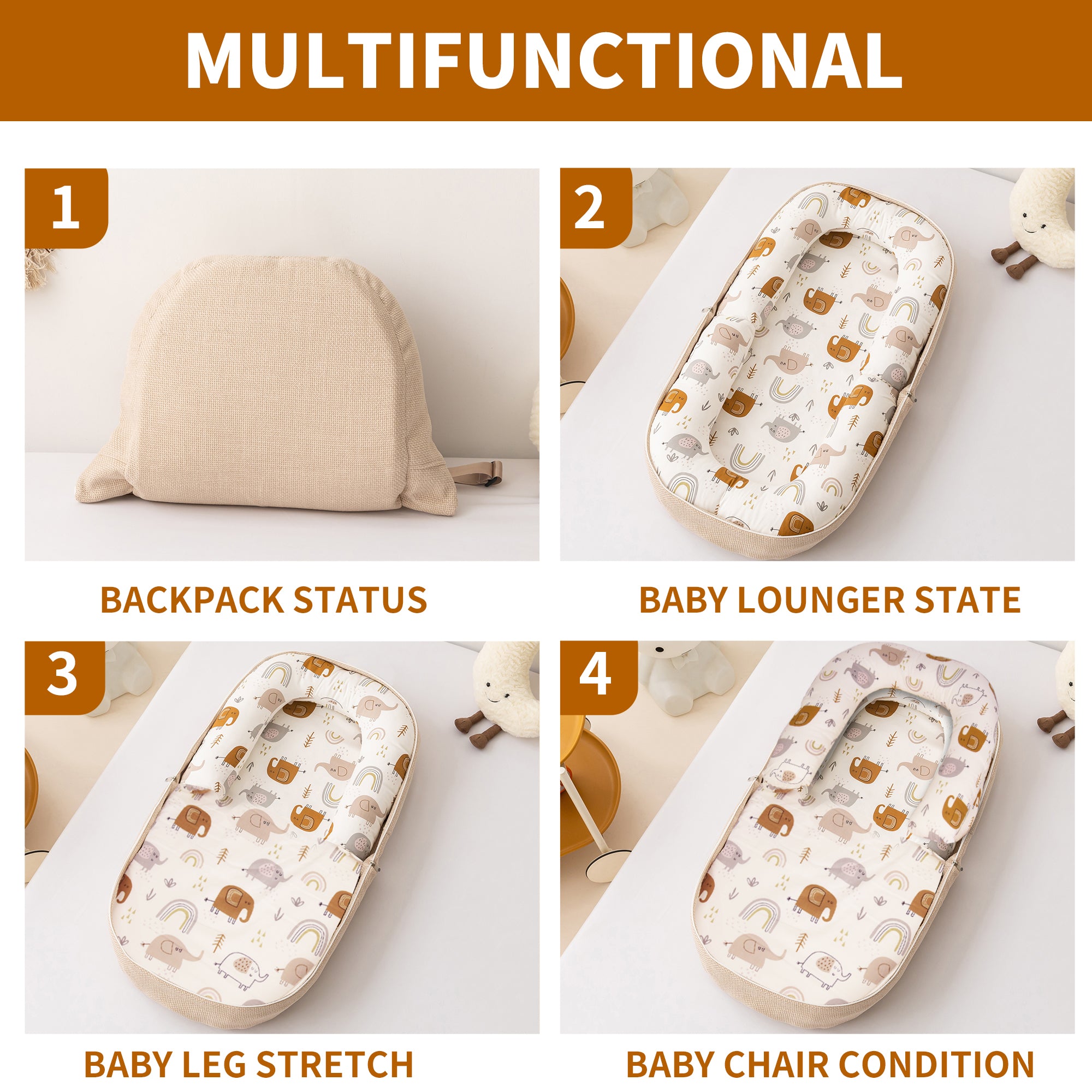 GloTika Baby Lounger, Foldable Infant Nest Pillow with Soft Memory Foam Mat, Cover with Adorable Pattern, Converts to Backpack for Easy Travel, 0-12 Months image 13