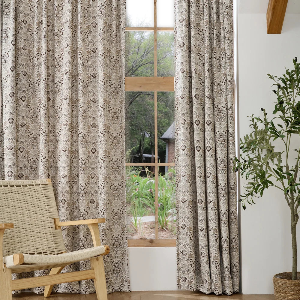Elowen Botanical Weave Floral Curtains, Pinch Pleat-Double， Earth Brown (1 set = 2 pieces)
