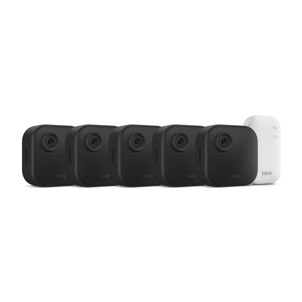 Blink Outdoor 4 wireless security cameras, Sync Module Core mounted on exterior wall