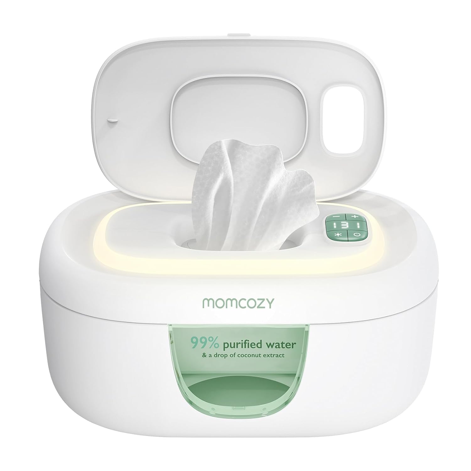 Momcozy baby wipe warmer in white showing large capacity dispenser and spring design