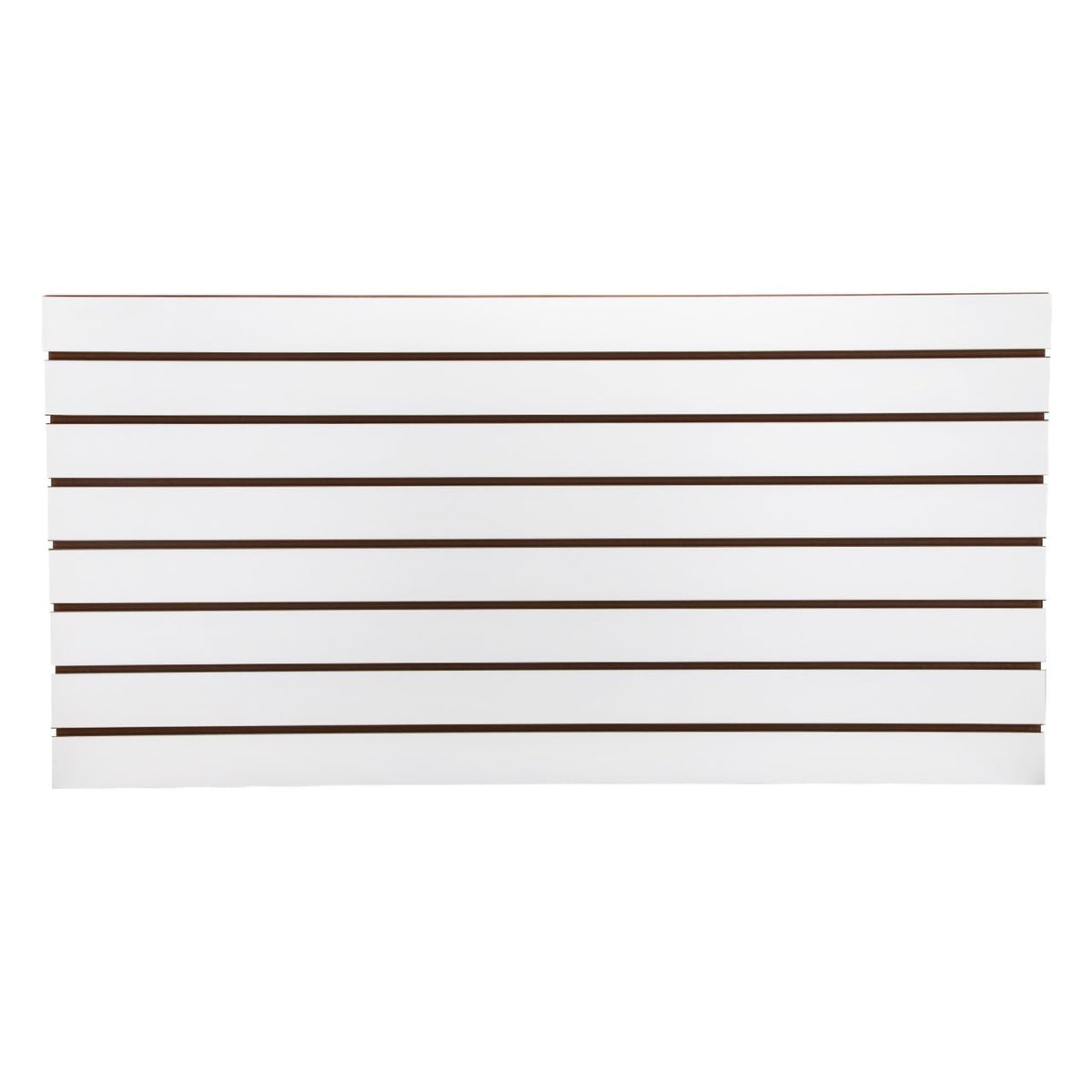 Two white 24 x 48 horizontal slatwall panels leaning against a wall