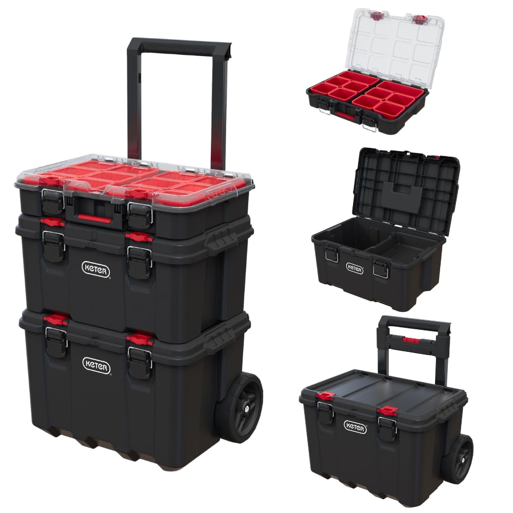 Keter three-piece stack N rolling toolbox modular storage system on wheels with latches