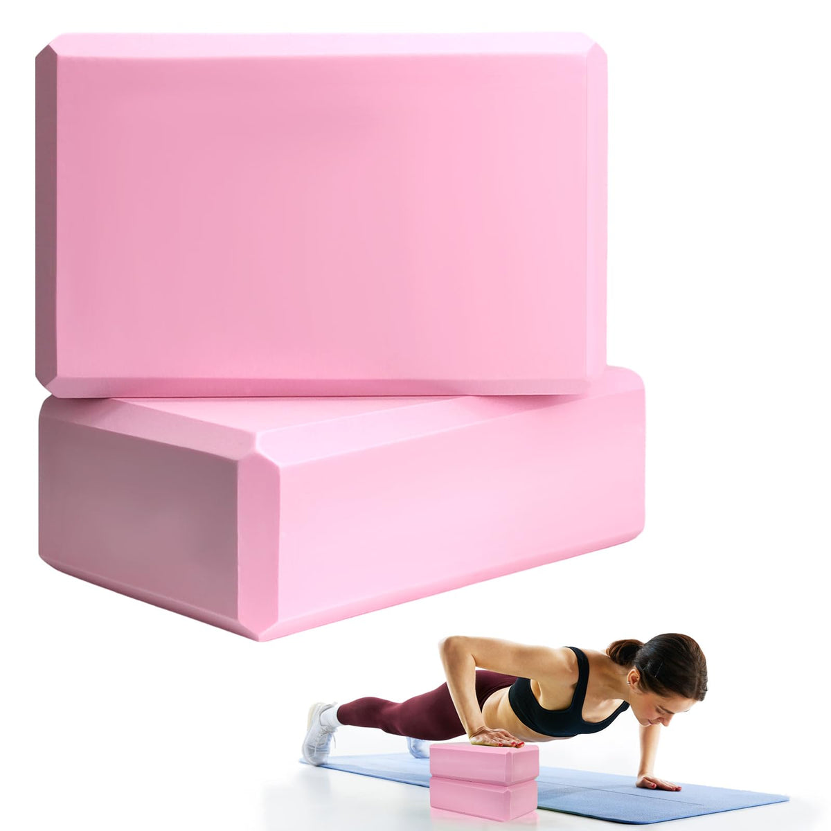 Two pink foam yoga blocks 9x6x3 inches stacked on white background