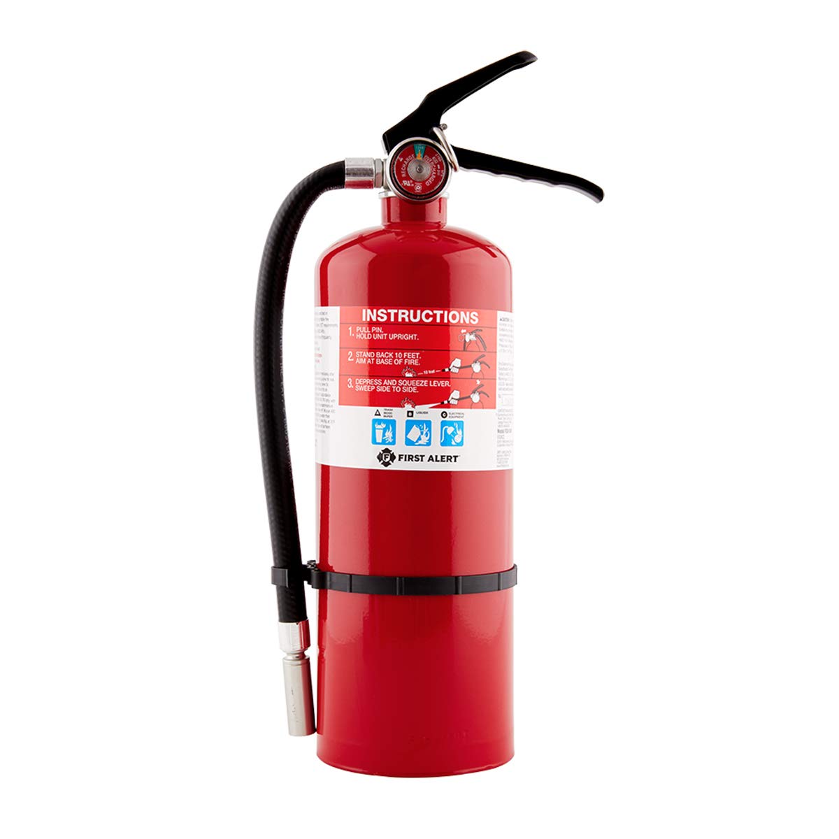 Red First Alert heavy duty fire extinguisher with pressure gauge