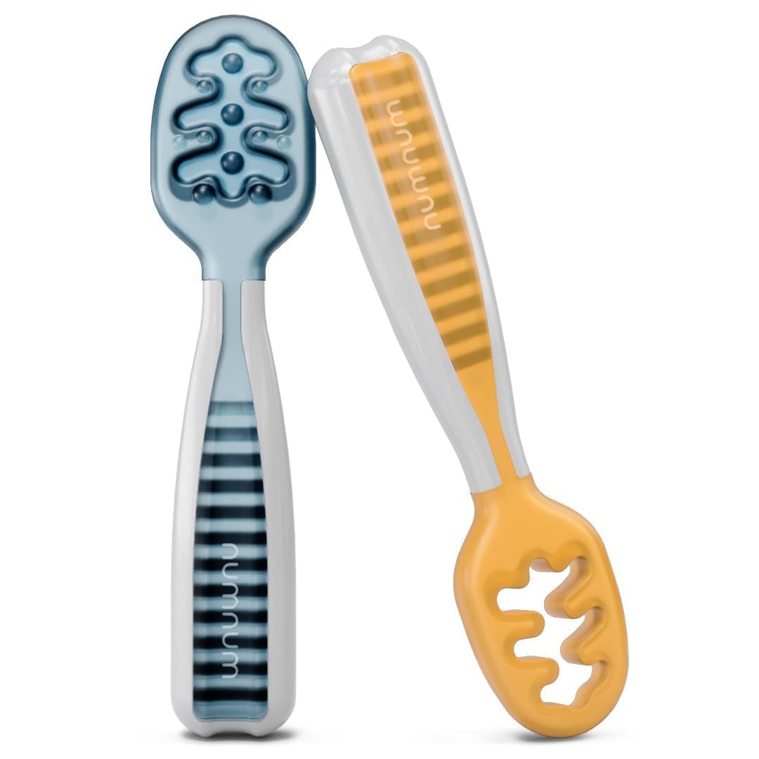 Two NumNum baby self-feeding spoons in blue and orange