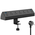 Desk edge-mounted clamp power strip with four USB-C ports and five AC outlets attached to a tabletop