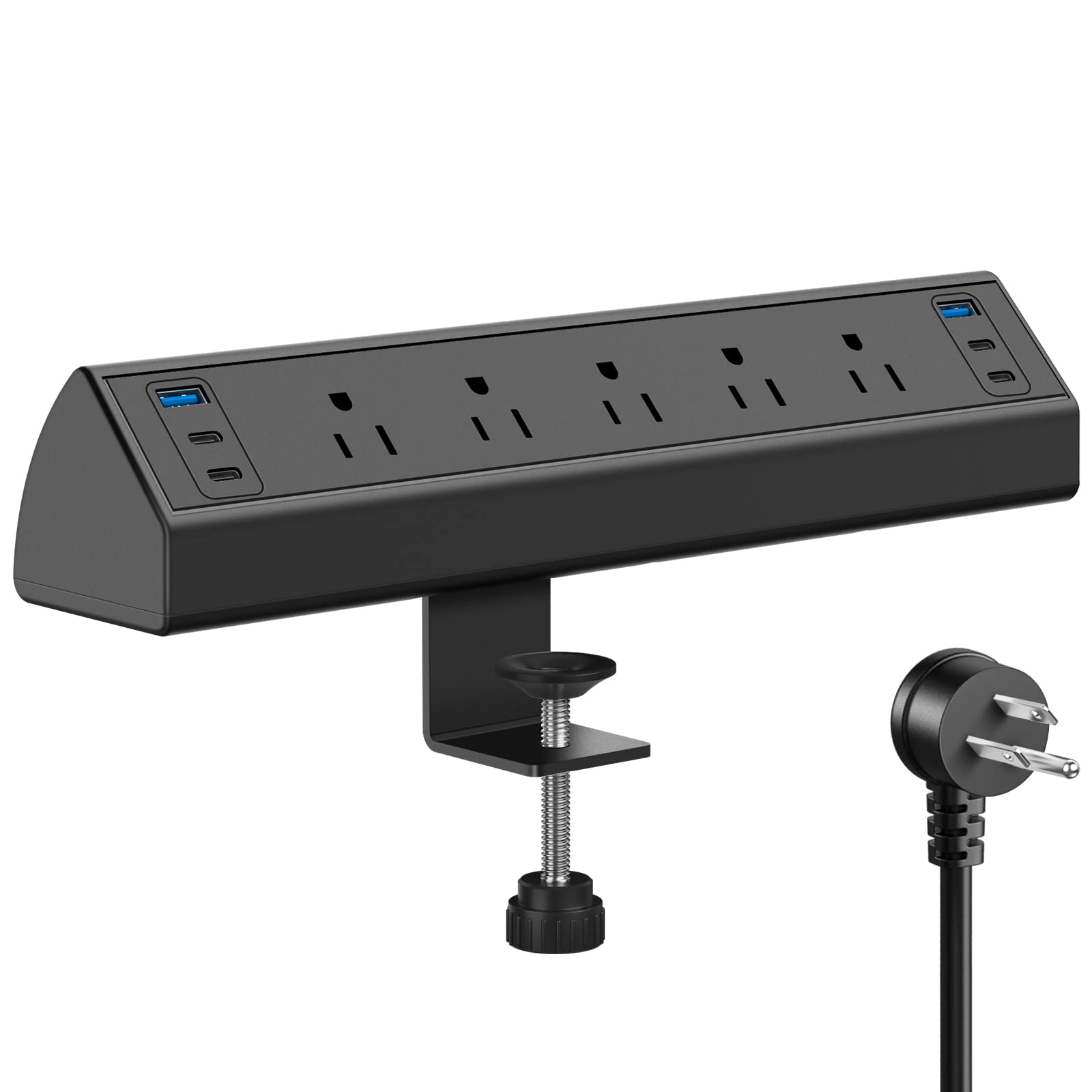 Desk edge-mounted clamp power strip with four USB-C ports and five AC outlets attached to a tabletop