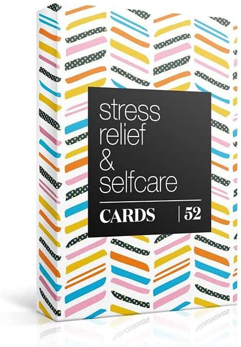 Box of Allura & Arcia Stress Less self-care cards with a sample mindfulness exercise card