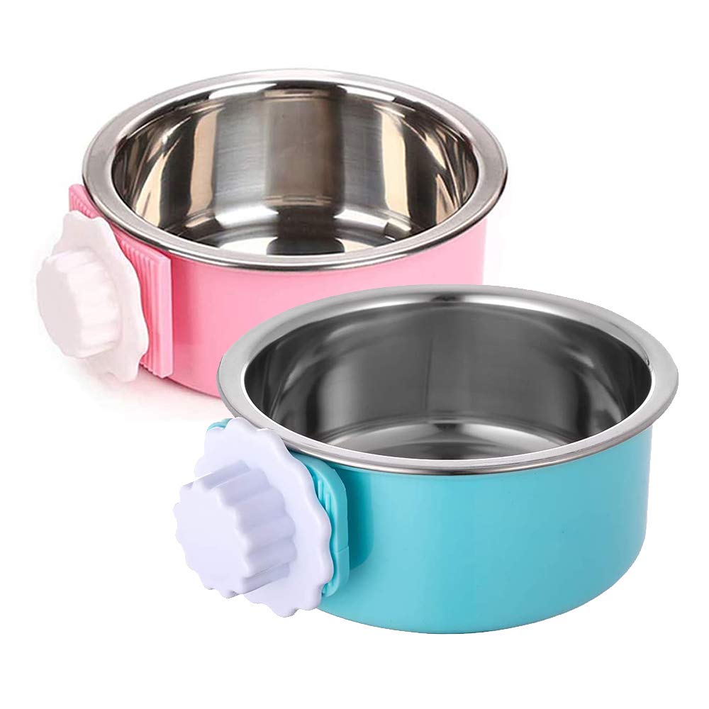 Two stainless steel removable pet bowls mounted on a crate, anti-overturn design