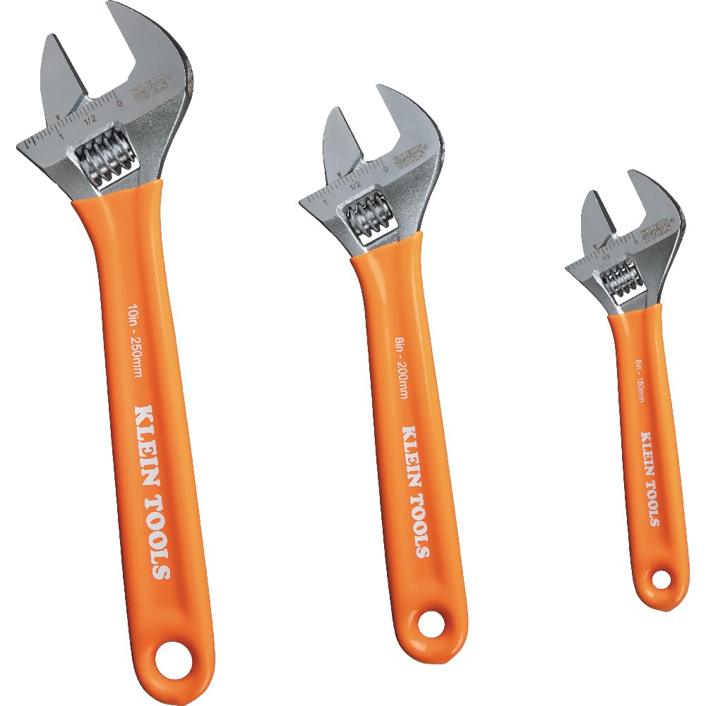 Three Klein Tools adjustable wrenches 6, 8, 10 inch forged alloy steel