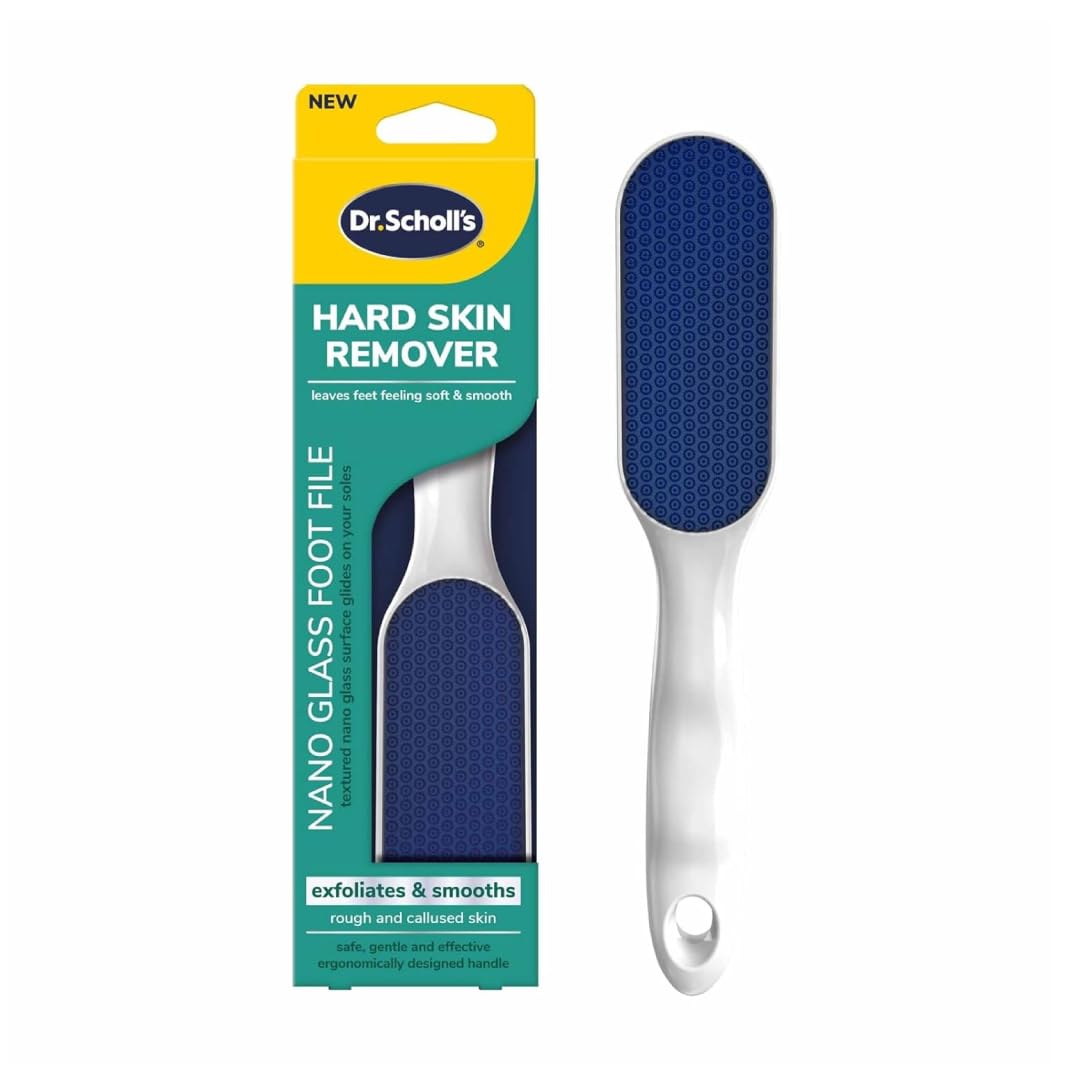 Dr. Scholl's nano glass foot file, textured glass surface, ergonomic handle