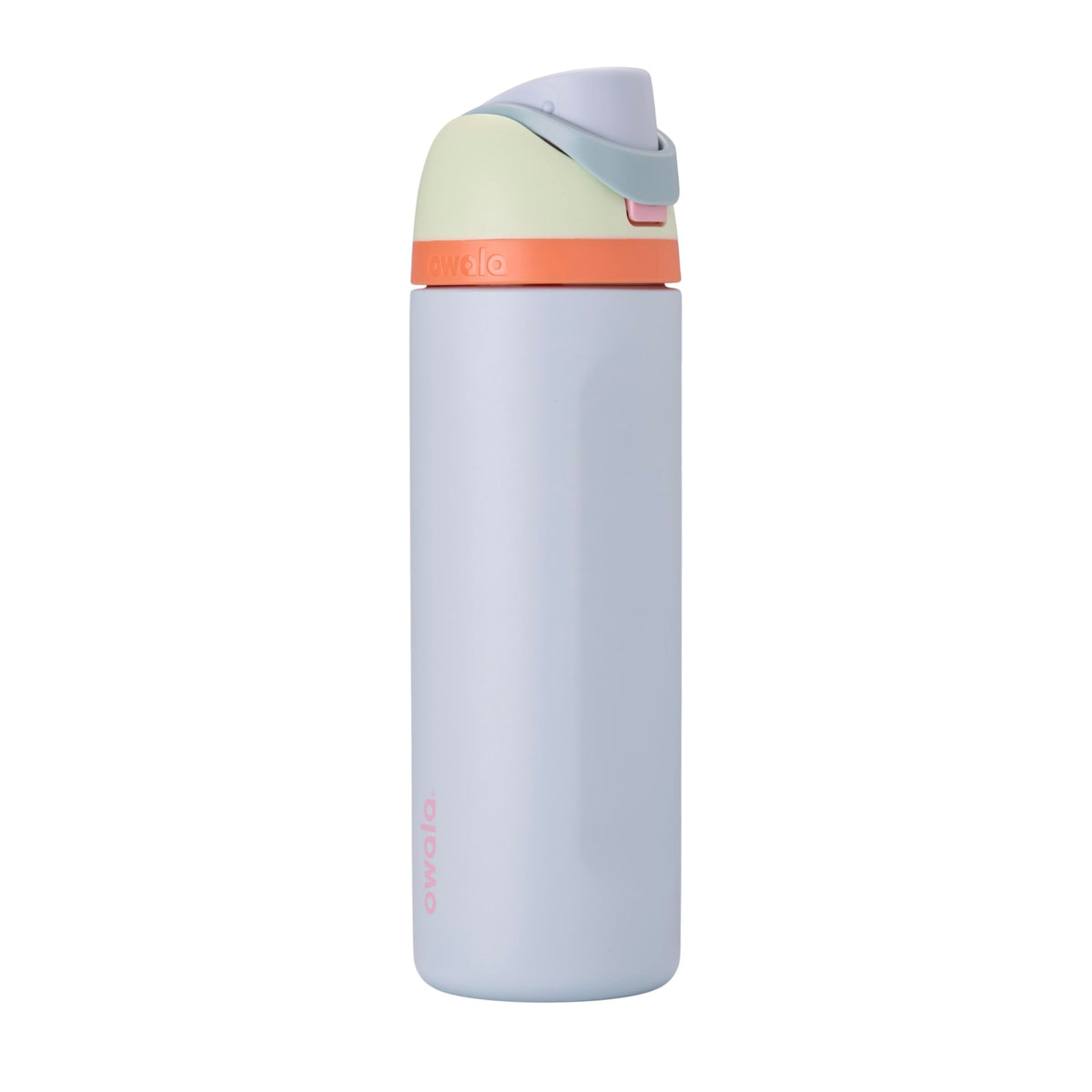 Owala FreeSip 24 oz stainless steel water bottle in Beach House color showing FreeSip spout and carry loop