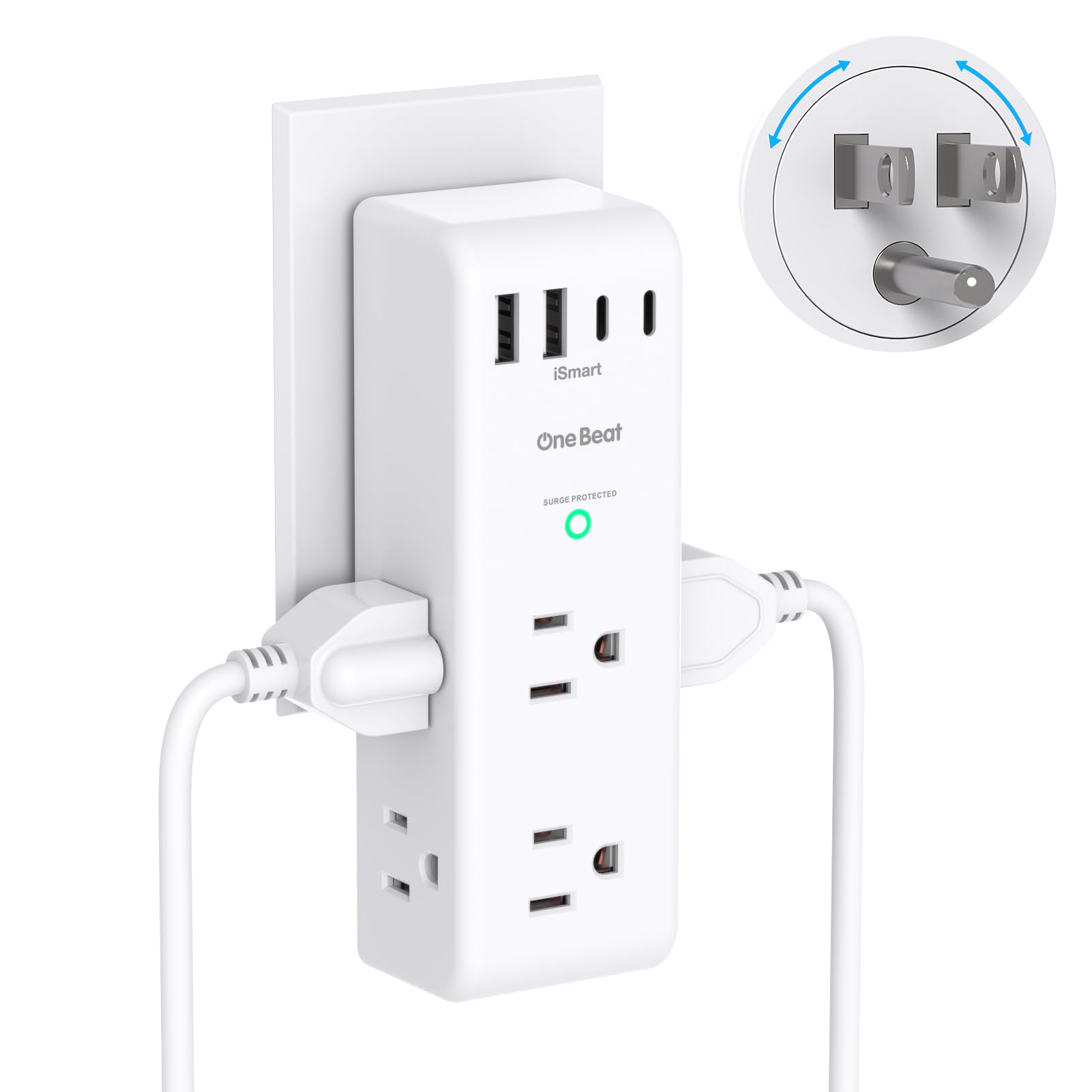 One Beat rotating surge protector outlet extender plugged into wall showing multiple outlets