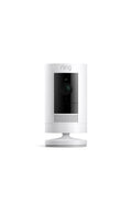 White Ring Stick Up Cam mounted outdoors showing camera lens, motion sensor, mounting bracket