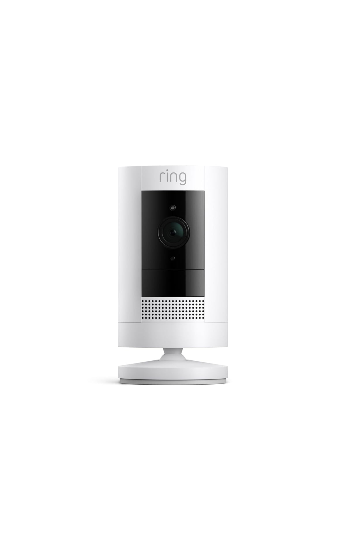 White Ring Stick Up Cam mounted outdoors showing camera lens, motion sensor, mounting bracket