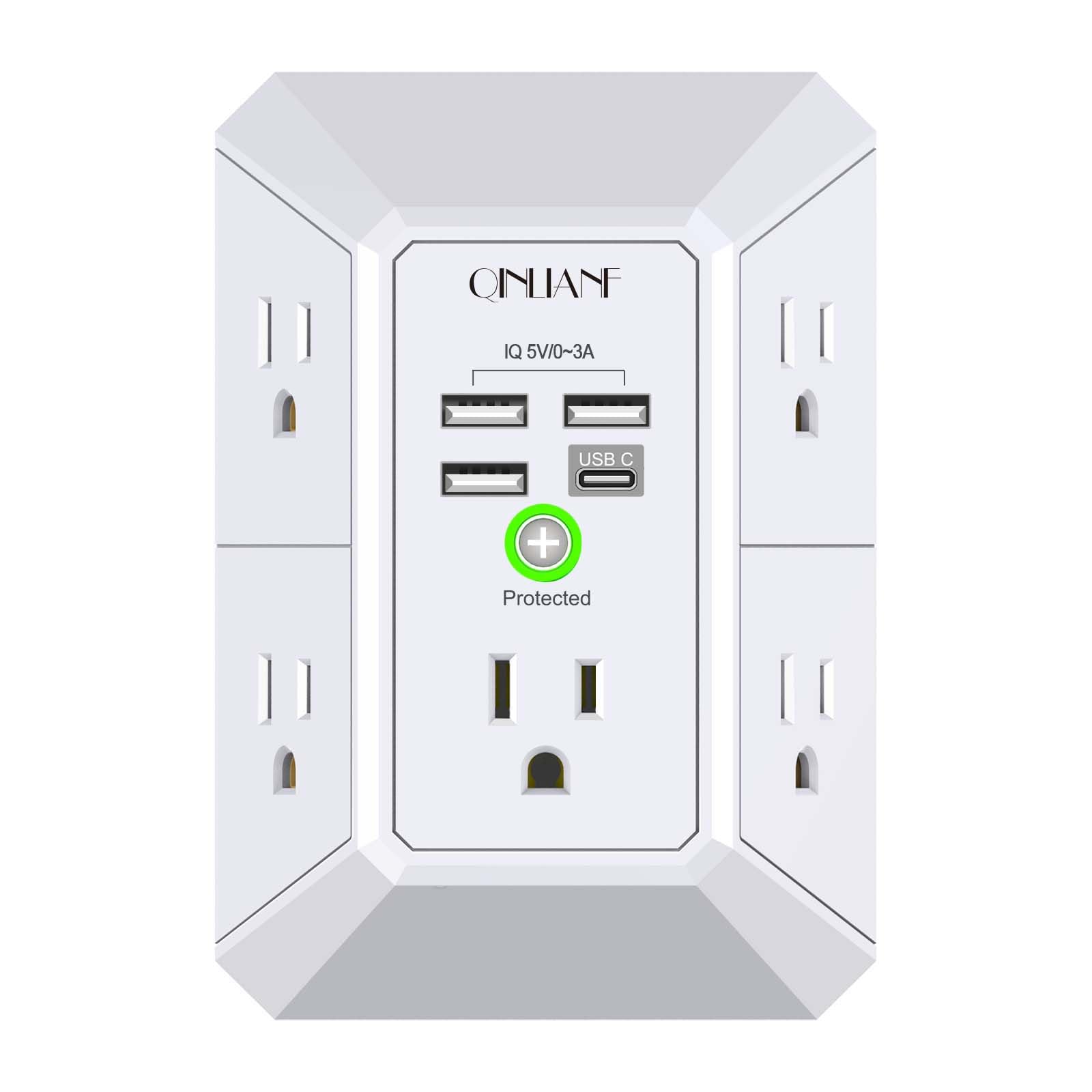 QINLIANF white wall-mount 5-outlet surge protector extender with 4 USB ports