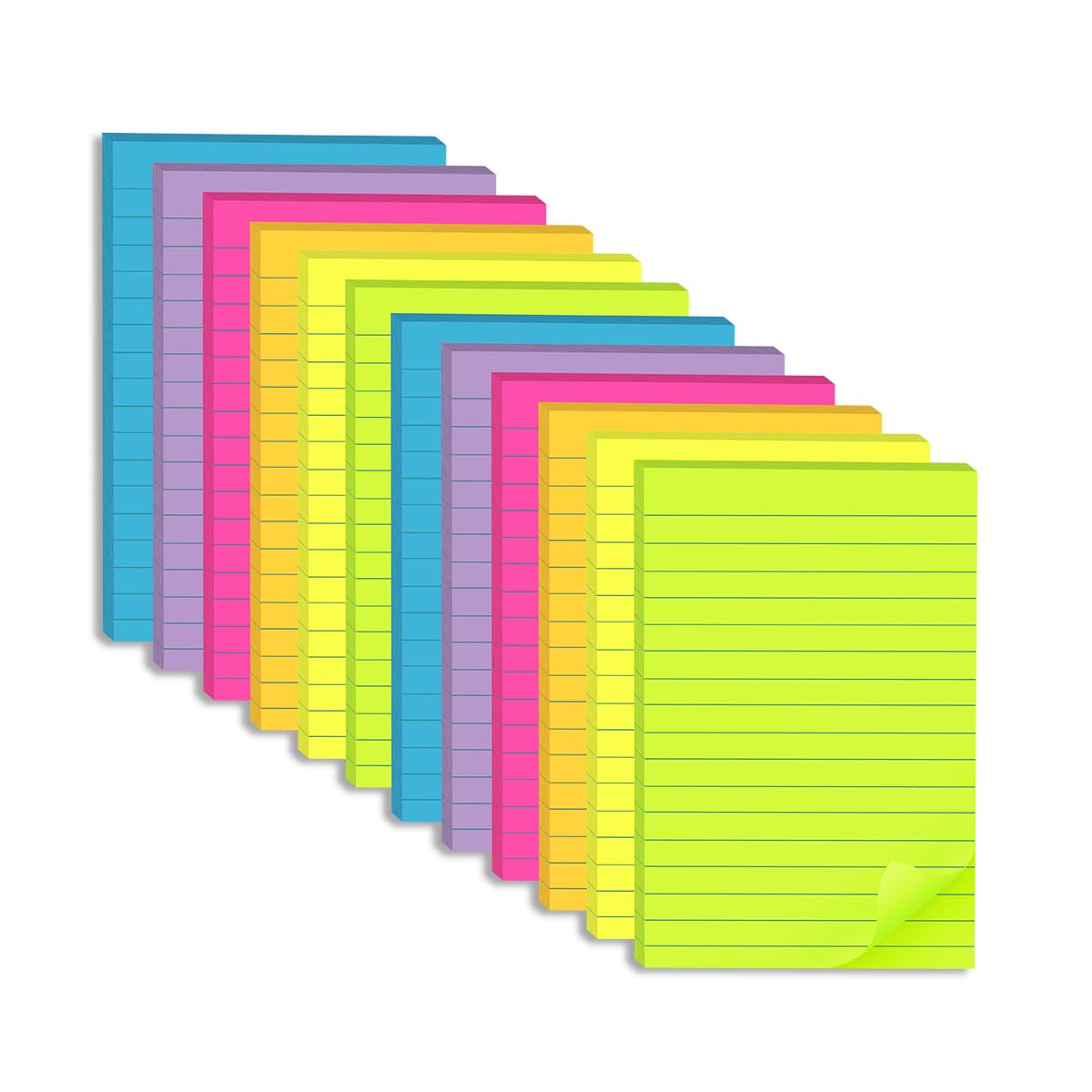 Kozerite 4x6 lined sticky note pads in bright colors, 12 pads