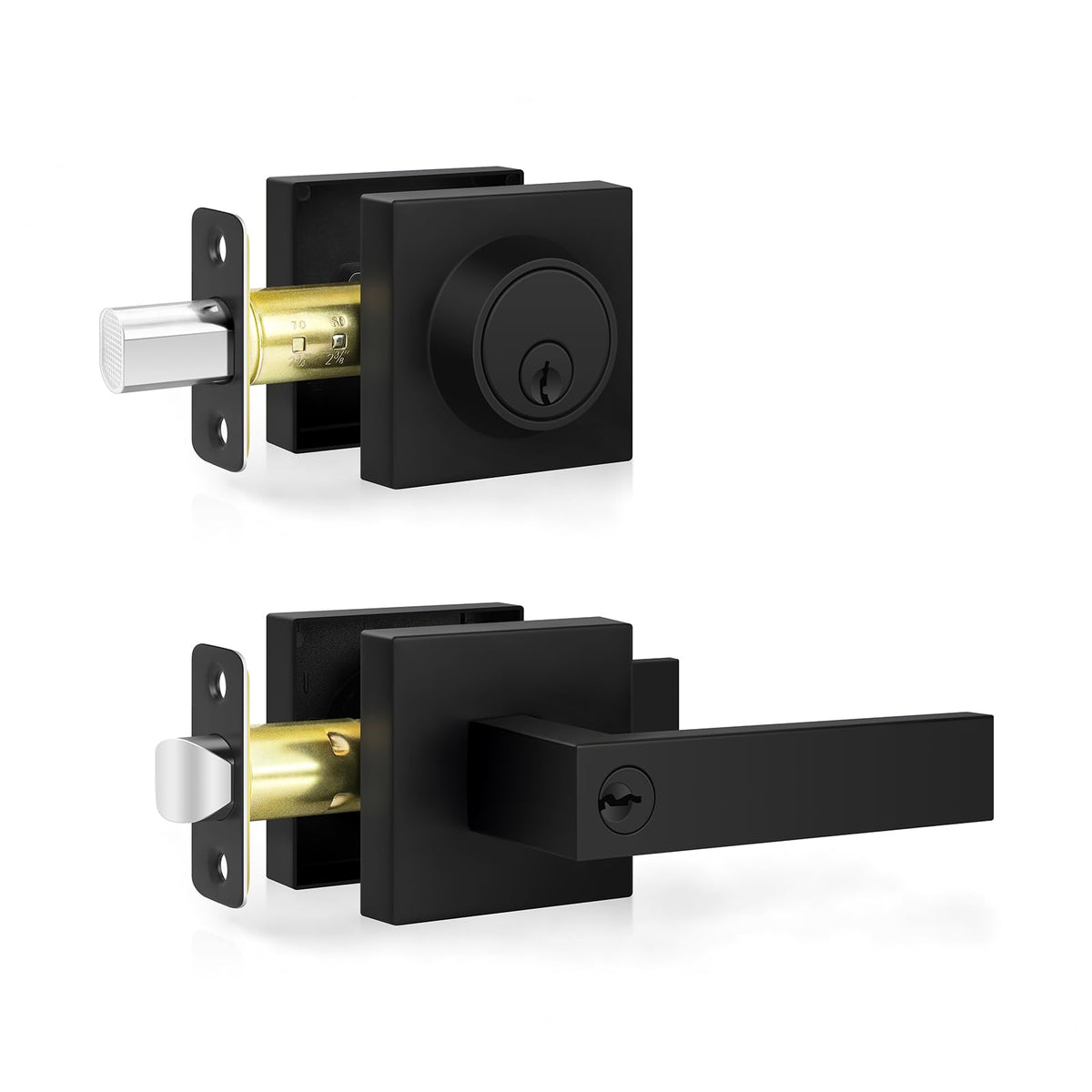 Matte black square front door handle with single cylinder deadbolt by Estmoon