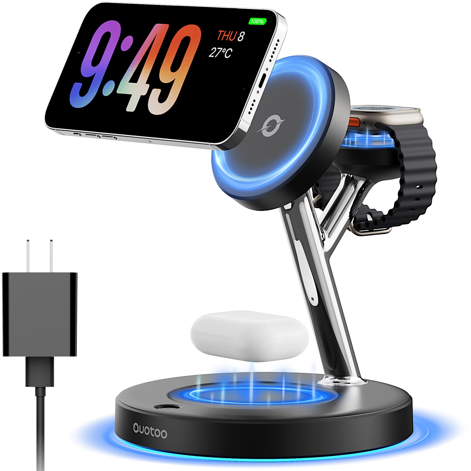 MagSafe 3-in-1 wireless charging stand holding an iPhone, Apple Watch, and AirPods