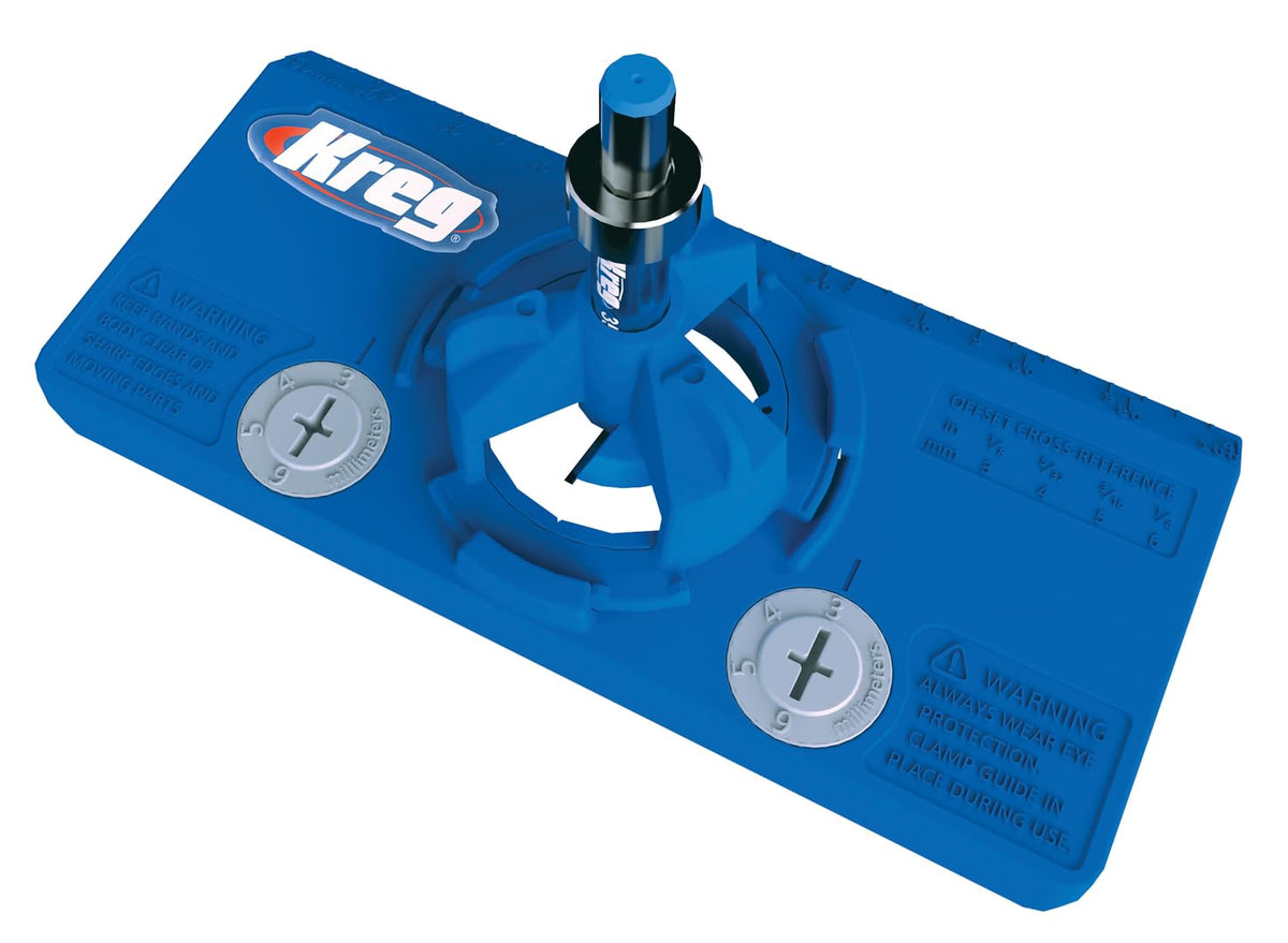 Kreg concealed hinge jig KHI-HINGE on workbench showing drill guides and alignment features