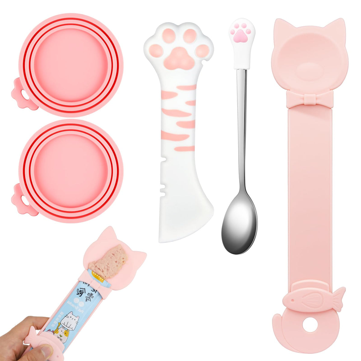 Pink Aecsze silicone cat food can lids with stainless steel spoon and opener