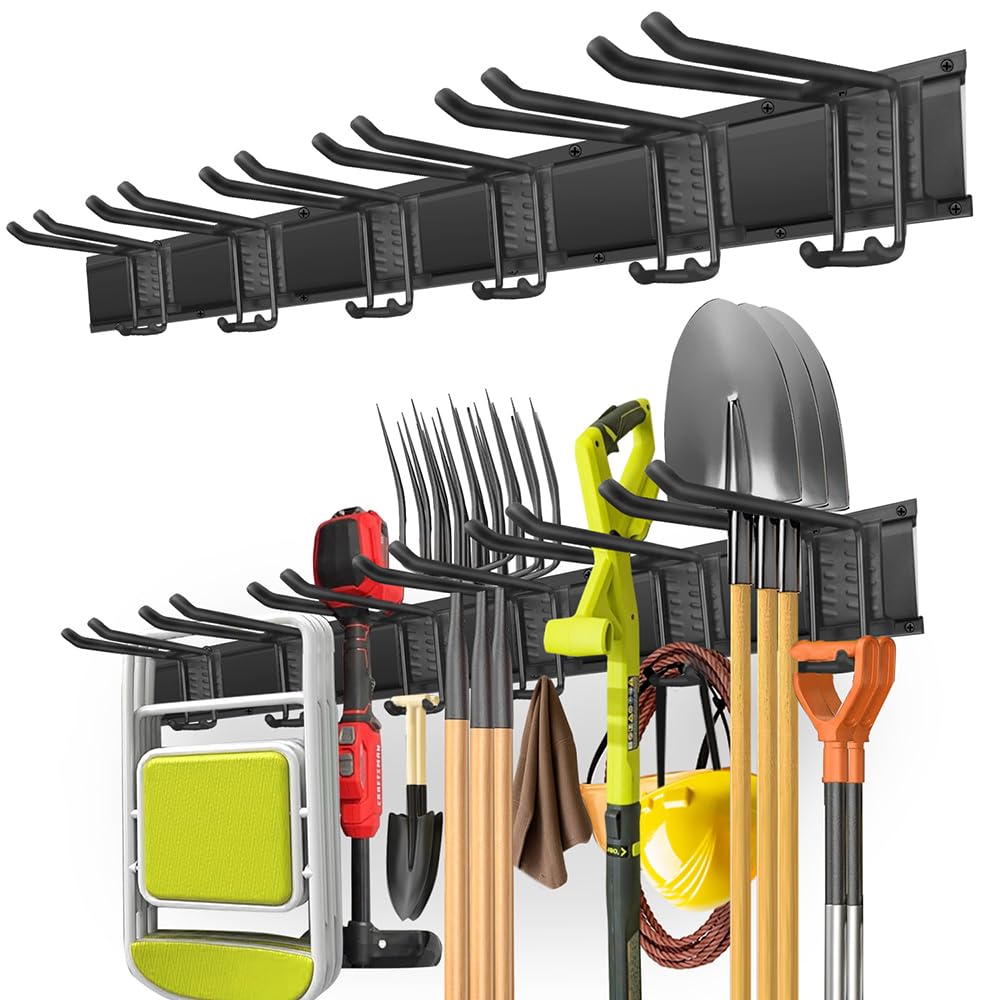 PIYILO 48in adjustable wall-mounted garage tool rack holding assorted hand tools