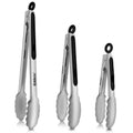 Three metal kitchen tongs in 7, 9, and 12 inch lengths
