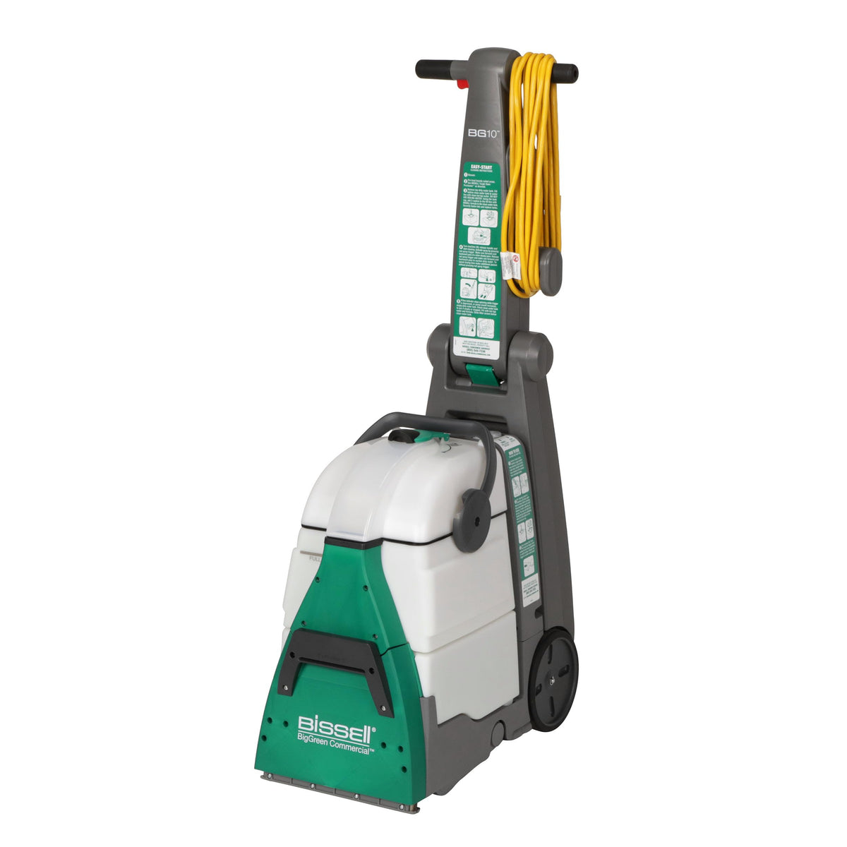Bissell BigGreen BG10 two-motor commercial carpet extractor machine in green with hose and wand