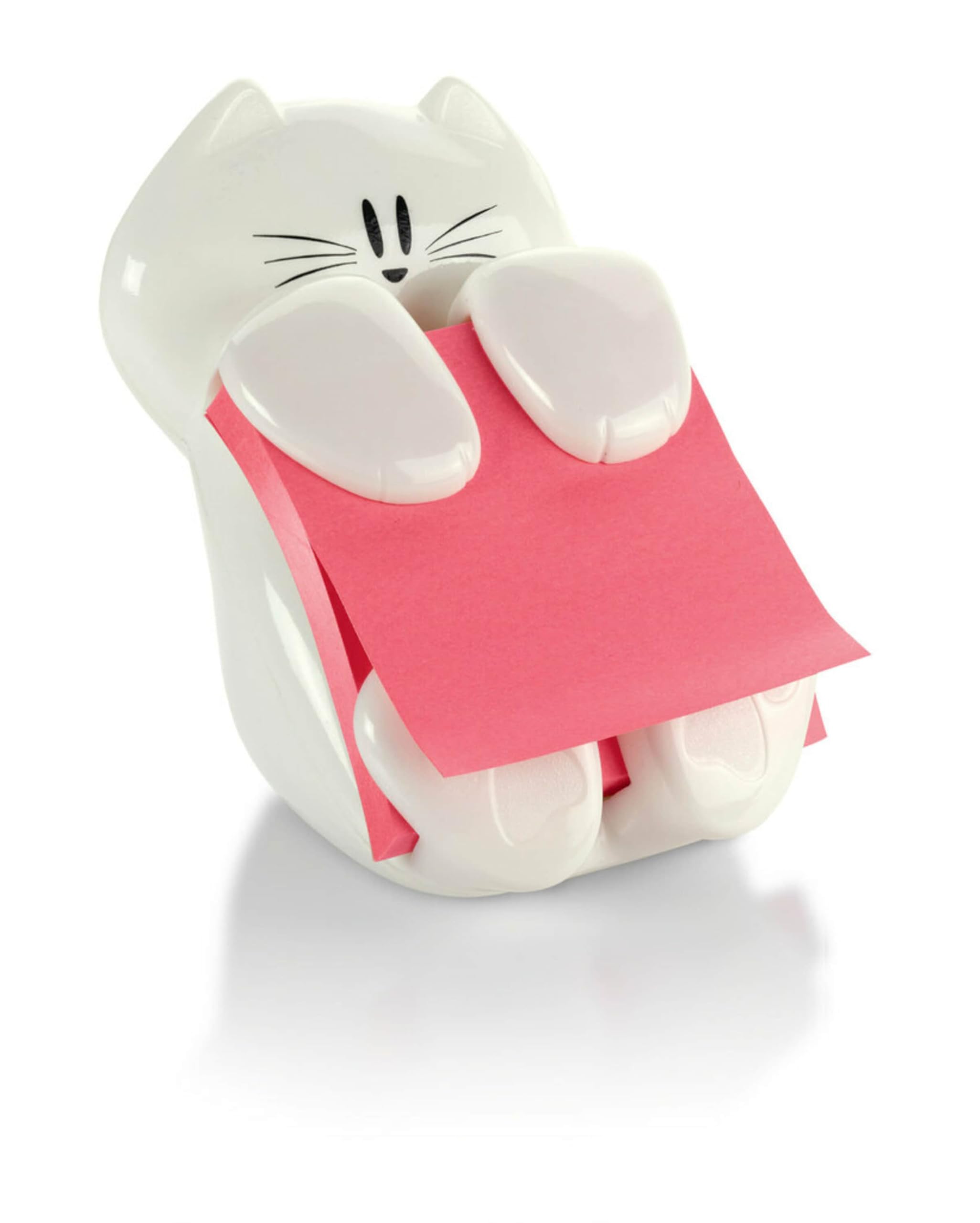 White cat-shaped Post-it note dispenser holding a 45-sheet pad of yellow sticky notes