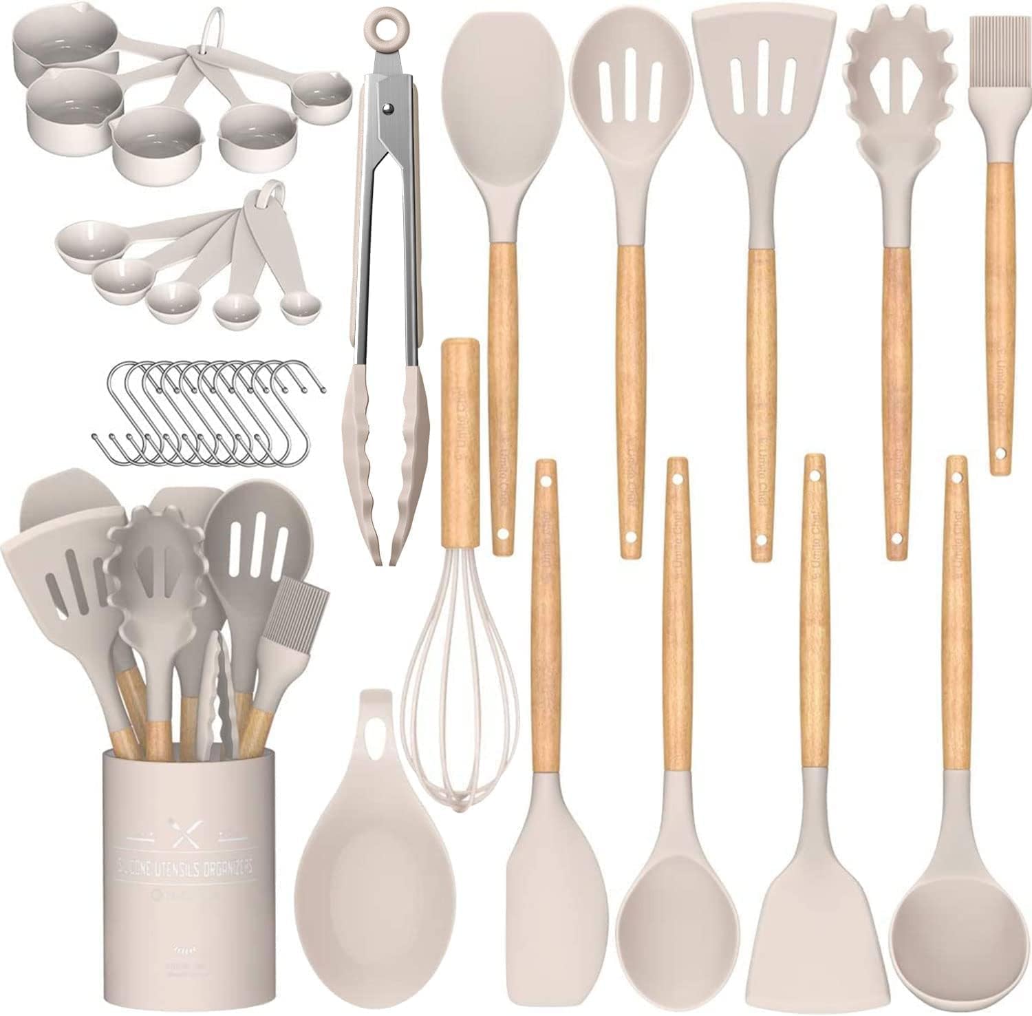 Khaki Umite Chef 33-piece silicone kitchen utensils, wooden handles, storage holder