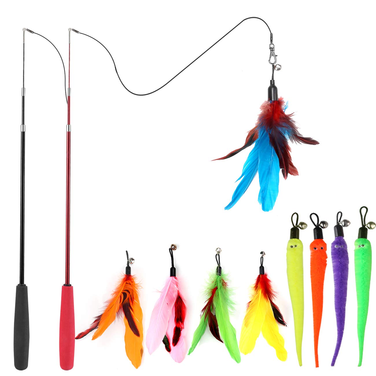 Two retractable MeoHui cat wand toys, nine colorful feather refills on white background