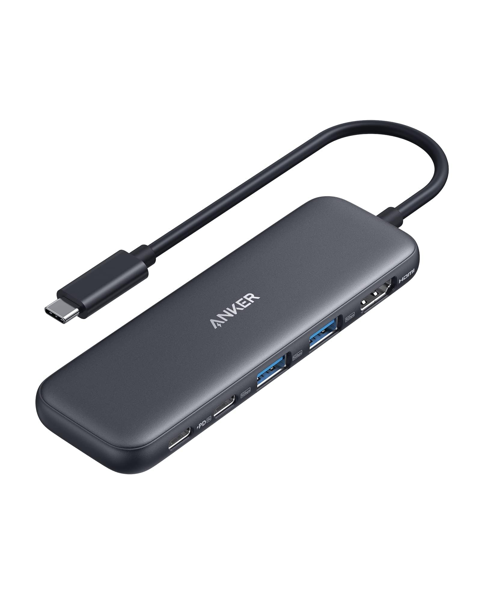 Anker 5-in-1 USB-C hub showing HDMI, USB-A and power delivery ports on a desk