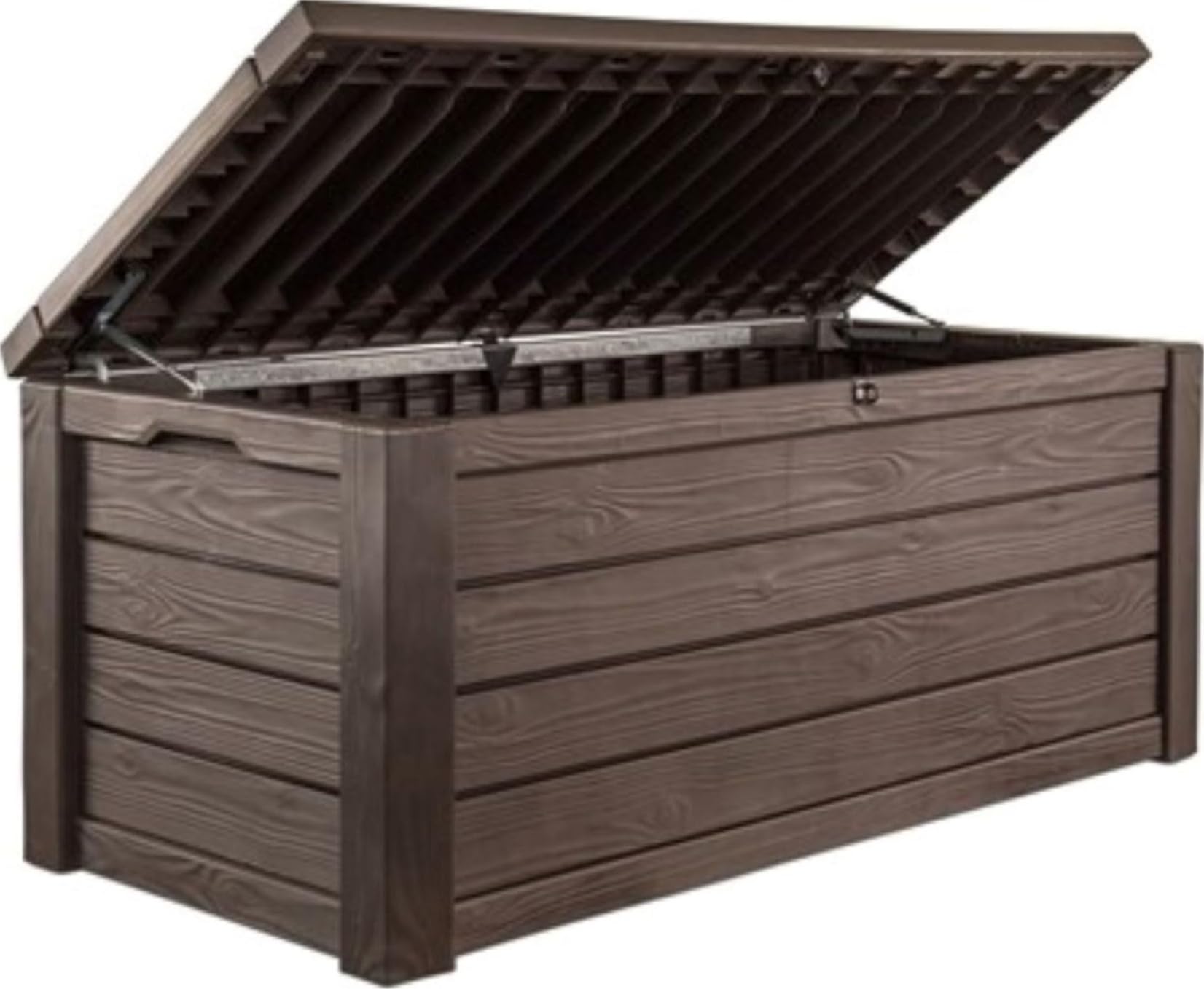 Keter Westwood 150 Gal outdoor storage box in brown on a patio holding pool cushions