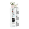 White Furinno 7-cube open bookshelf with seven square cubbies