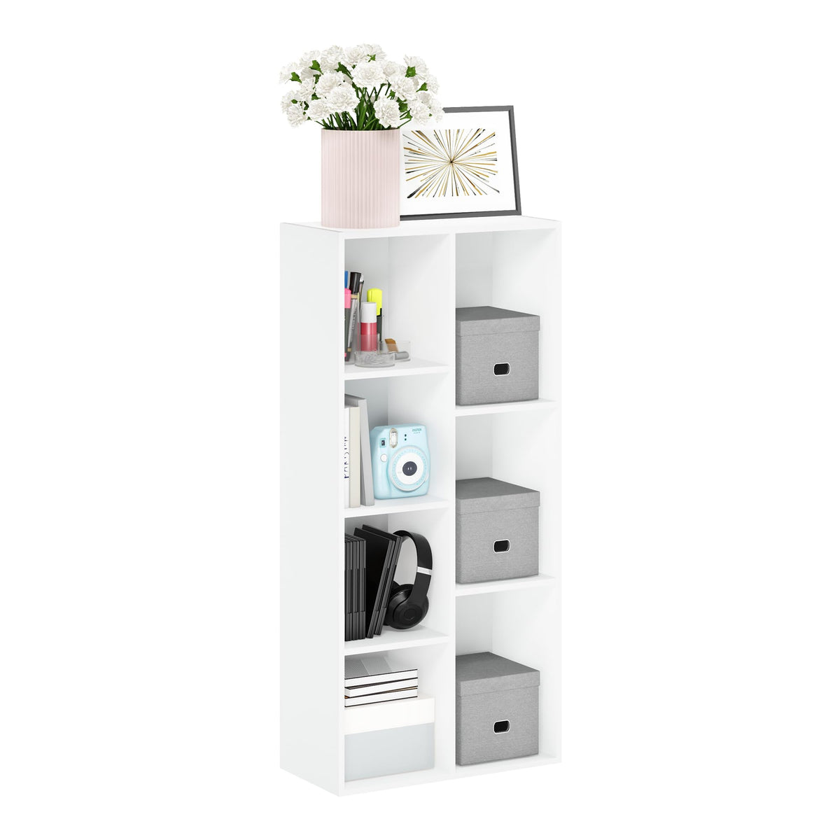 White Furinno 7-cube open bookshelf with seven square cubbies