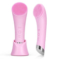 Pink PRITECH rechargeable silicone facial cleansing brush showing bristles and heat massage tip
