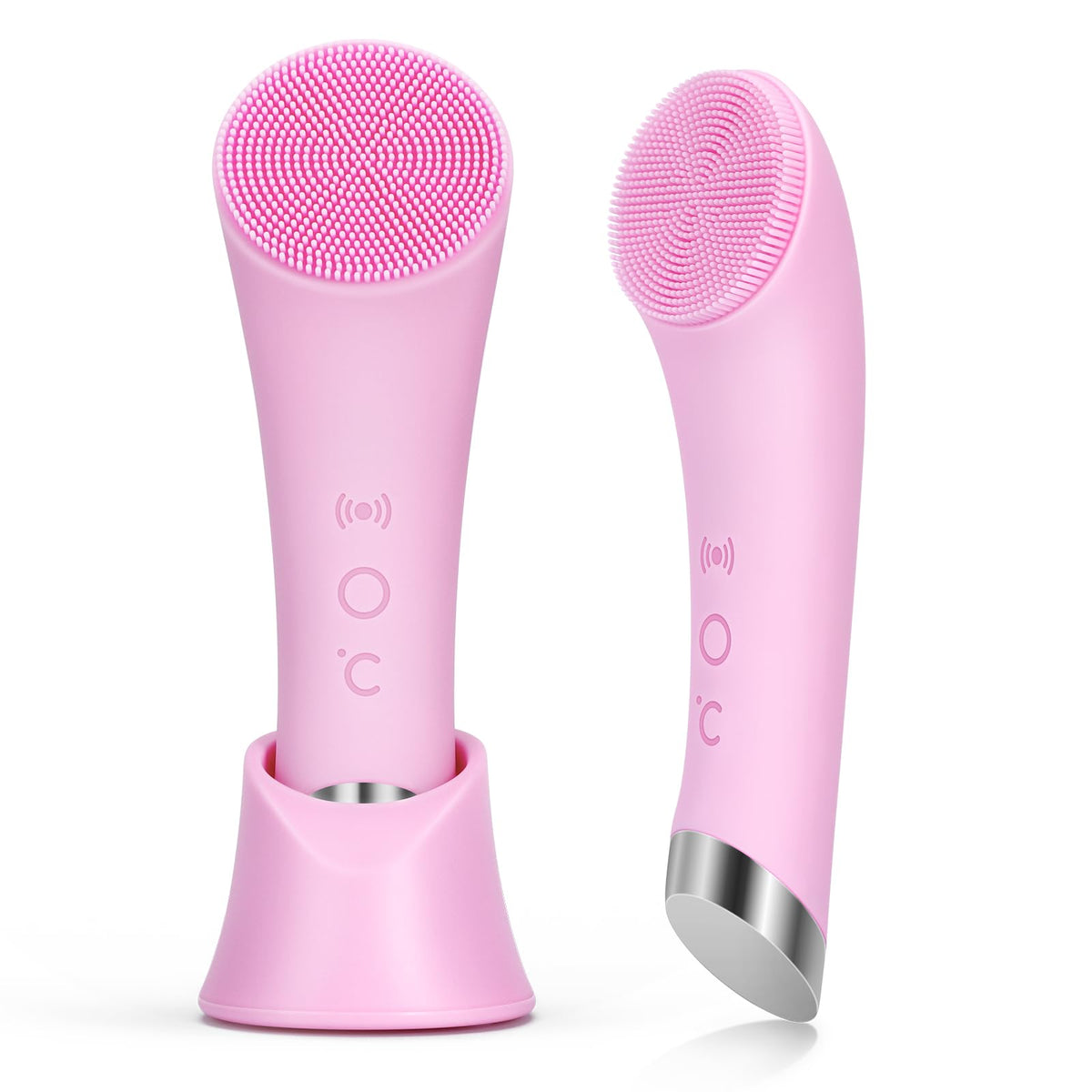 Pink PRITECH rechargeable silicone facial cleansing brush showing bristles and heat massage tip