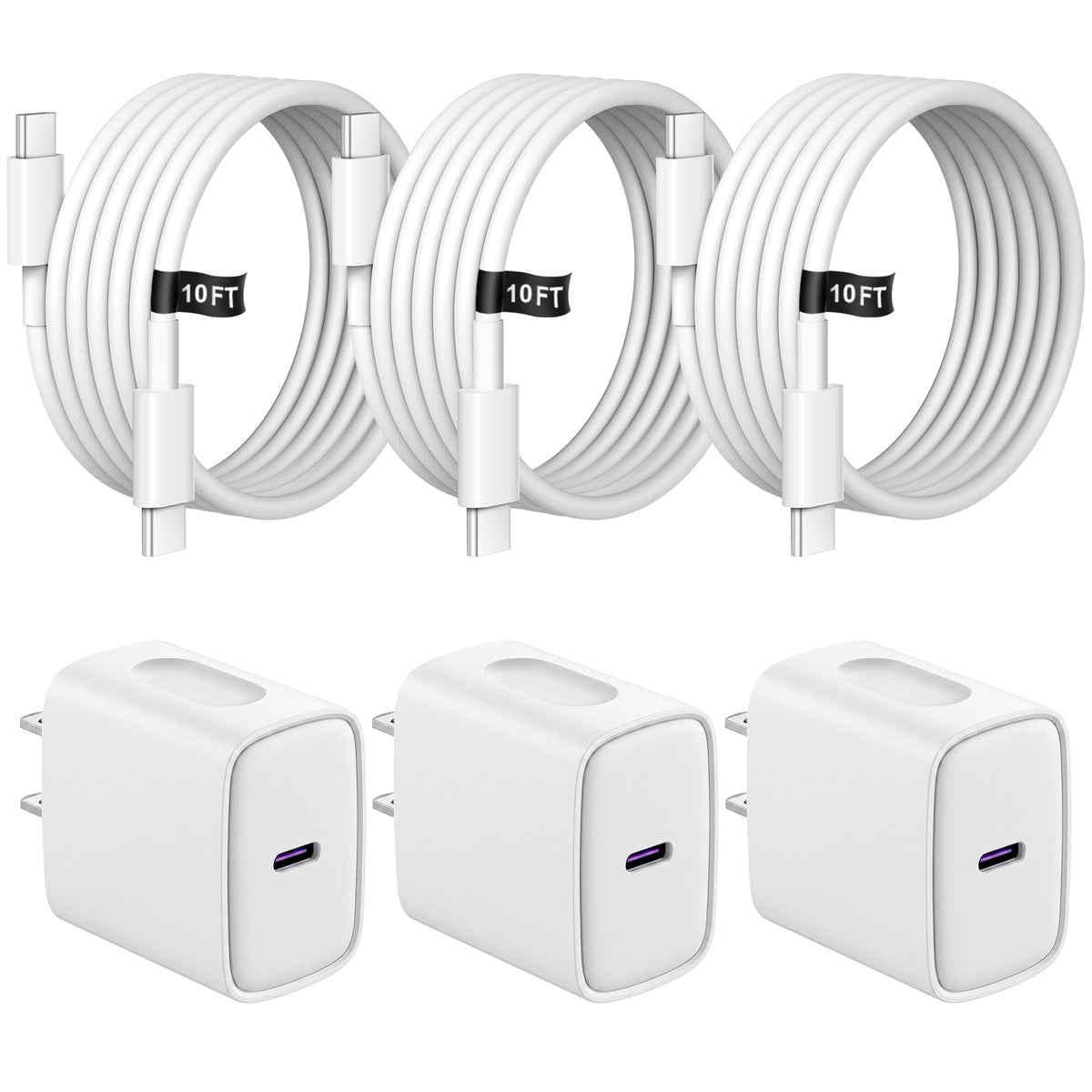 Three 10ft STAKYCET iPhone charging cables coiled on a white background