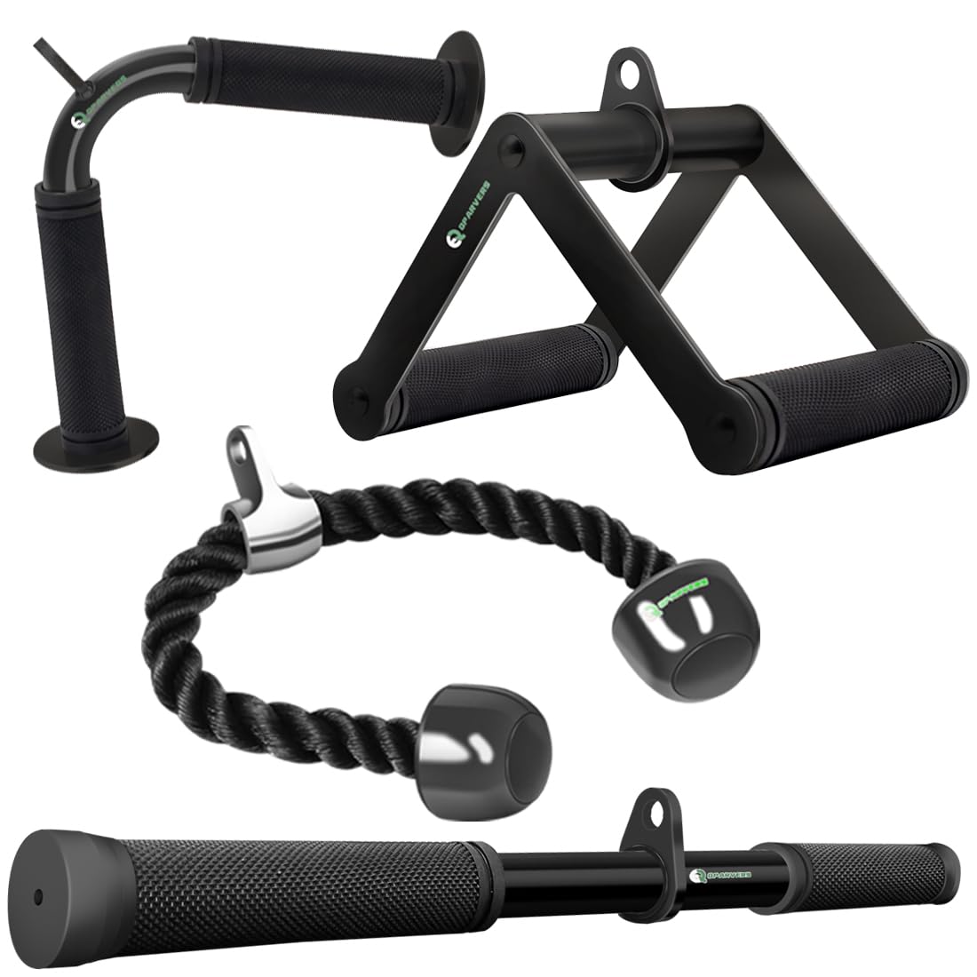QPARVERS cable machine attachment set with straight pulldown bar, V-bar, tricep rope and D-row handles