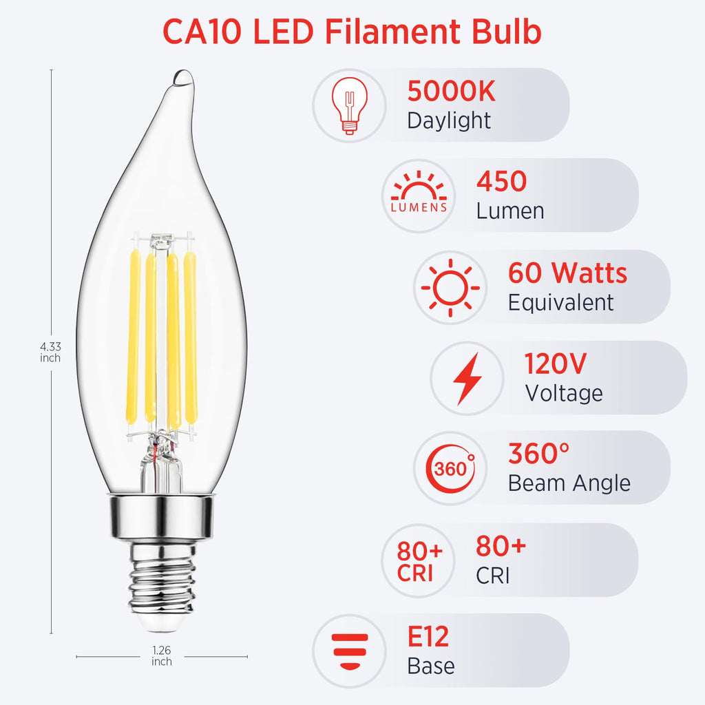 Sengled E12 Candelabra LED Bulbs Dimmable, 60W Equivalent CA10 Chandelier Light Bulbs, 5000K Daylight White Candle Bulbs for Chandeliers, Ceiling Fan, Pendant Light, 6 Pack image 2