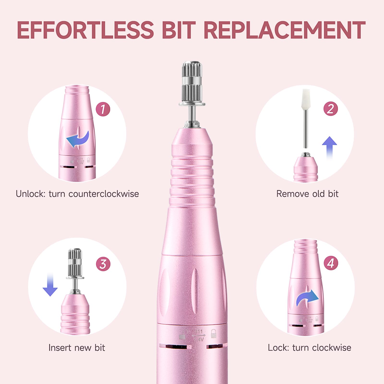 Professional Nail Drill Electric File 45000RPM, Portable Rechargeable Electric Nail File with 11 Drill Bits & 50 Sanding Bands, Low Noise Nail Drill Kit for Acrylic Gel Nails, Salon & Home Use, Pink image 6