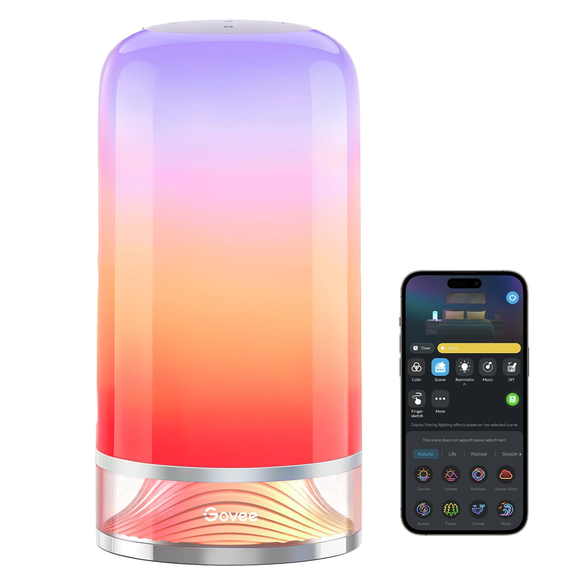 Govee RGBIC small corded touch table lamp glowing multicolor on bedside table