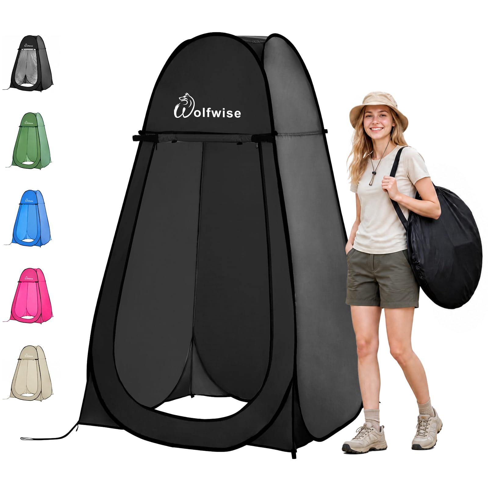Wolfwise pop-up shower tent pitched outdoors showing zip door and ventilation panel